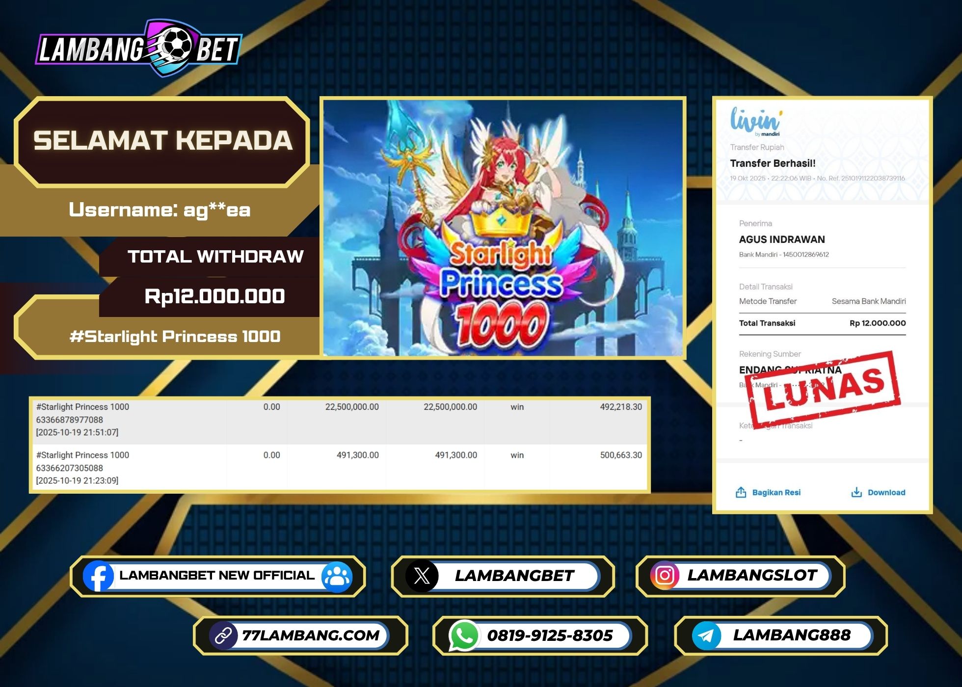LAMBANGBET [19 OKTOBER 2025] JACKPOT SLOT Starlight Princess 1000 "Rp12.000.000" LUNAS